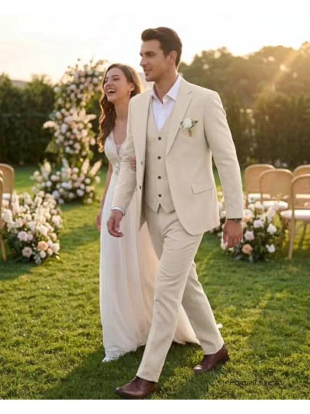 Men's 3-Piece Slim Fit Linen Suit Set Wedding Beach Blazer Vest Pants